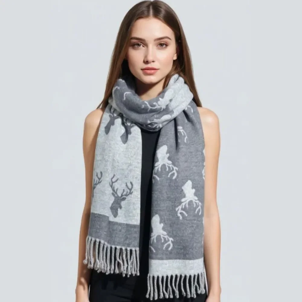 Westrian La Chasse Cashmere Feel Stag Head Winter Scarf with Fringe